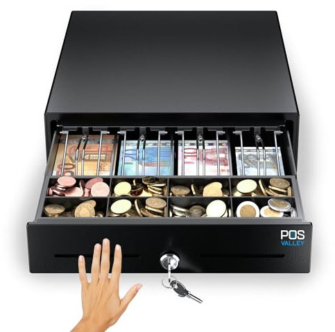 POS VALLEY Mini-Registrierkassenschublade, klein, manuelles Öffnen durch Drücken der Frontplatte und des Schlüssels, Bargeldeinwurf für 4 Banknoten und 8 Münzen (Euro), 33 x 35 cm (schwarz)