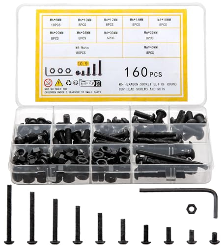 woshilaoDS 160 Pcs M6 Nuts and Bolts Set, M6 Bolts and Nuts Set, Round Head Hexagon Socket Screws Sets, Hex Machine Screws, Hex Socket Button Head Bolt Kit