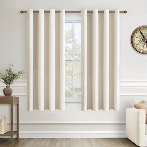 MRTREES Vorhang Kurz mit Ösen Lichtundurchlässig, Kurze Vorhänge Blickdicht 160 cm Lang, Halbverdunkelungsvorhänge 140 cm Breit, Vorhänge Hellbeige 2er Set für Wohnzimmer Kinderzimmer