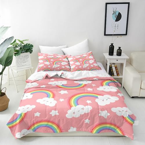 ANHOPE Set di biancheria da letto con motivo a nuvola arcobaleno, 2 pezzi, copripiumino da 135 x 200 cm e federa da 80 x 80 cm, in microfibra, con chiusura lampo, per bambini e ragazze