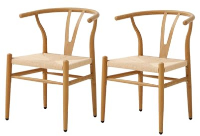 JZGORC 2er Set Geflochtenes Esszimmerstuhl, mit Rattan-Sitzkissen und Y-förmiger Rückenlehne, Metallbeine mit Holzmaserung, geeignet für Esszimmer, Wohnzimmer und Schlafzimmer