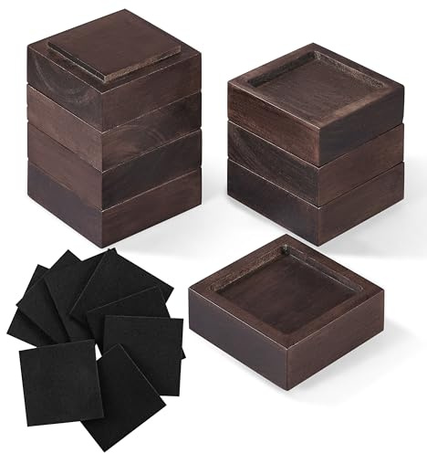 Rialzi per letto, mobili (set di 8 altezze 2,5 cm) possono essere regolati a 5,1 cm, 7,6 cm o 10,2 cm, alzate per mobili, rialzi in legno massello naturale, foro da incasso antiscivolo (colore noce)