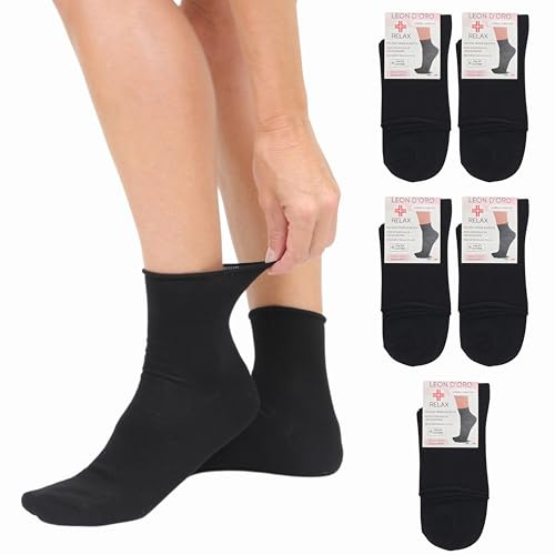 LEON D'ORO Calze Senza Elastico Donna COTONE per DiabeticI Calzini per Ospedale Anziani Made in Italy (IT, Numero, 35, 41, Regular, Regular, 5 Paia Nero)