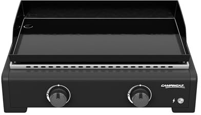 Campingaz Othello 2 Plancha Gaz - Grill de table - Gril Teppanyaki avec plaque de cuisson en acier émaillé - 2 brûleurs en acier avec technologie BlueFlame pour les grillades méditerranéennes, 6 KW