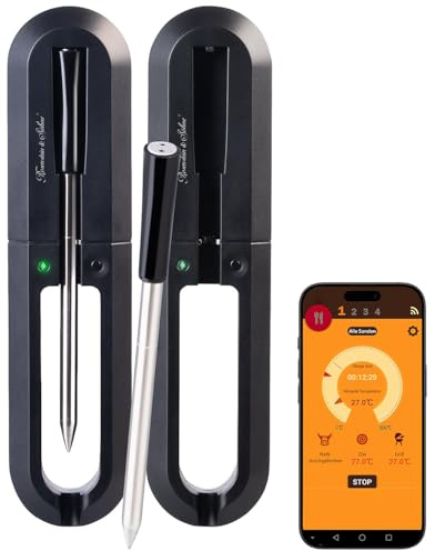 Rosenstein & Söhne Fleisch-Thermometer: 2er-Set Kabelloses Fleischthermometer für Grill oder Ofen, App (Grillthermometer Digital Funk, Kerntemperatur Thermometer, Topf)