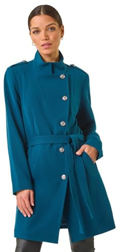 Roman Originals Funnel Neck Buttoned Coat for Women UK - Ladies Everyday Autumn Winter Comfy Soft Evening Vacation Work Party Night Out - Teal - Size 18