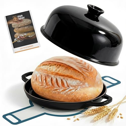 Kook Horno de pan, sartén de masa madre con tapa y asas, sartén de hierro fundido esmaltado y tapa de cerámica, para hornear, cocinar, asar, color negro
