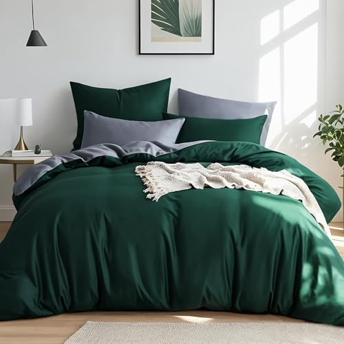 RUIKASI Bettwäsche 200x220 Baumwolle Grün - Bettwäsche-Sets 200x220cm 3teilig Wendebettwäsche 3tlg mit Reißverschluss, zweifarbige Bettbezug Set Dunkelgrün und Grau Cotton