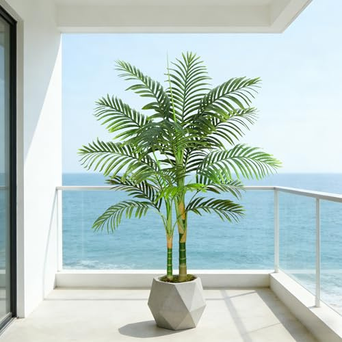 TXABL 5FT Artificial Golden Cane Palm Tree, Large Artificial Plants with Black Planter, 150cm Tall Fake Tropical Palm Plant for Indoor Outdoor Living Room Patio Poolside Office Home Decor