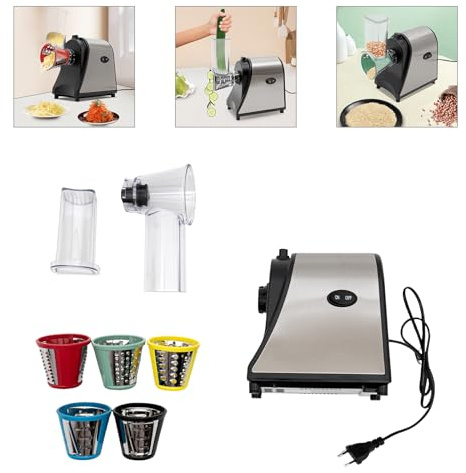Rallador eléctrico de verduras, rallador de queso, rallador de verduras, zanahorias, cortador, 1000 W, 5 en 1, insertos extraafilados, rallador eléctrico para cebollas, pepinos, patatas, diversas