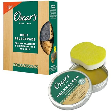 Oscar’s Reinigungspads + Holzbalsam – 2 Mikrofaser-Pads mit Pflanzenseife + 50 g Balsam aus 100% Leinöl & Bienenwachs – Made in Germany – Holzpflege-Set für Schneide- & Küchenbretter