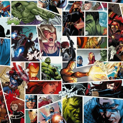 Komar Rapport - Carta da parati in tessuto non tessuto, motivo: Marvel Comic, dimensioni 53 x 1005 cm, 1 rotolo, altezza e larghezza, per cameretta dei bambini, carta da parati, supereroi