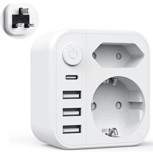 Adattatore da viaggio Germania a UK adattatore 2 scomparti con 4 USB (1 tipo C), adattatore da viaggio Inghilterra, spina da viaggio adattatore Schuko a tipo G per Inghilterra, Irlanda, Dubai, Malta