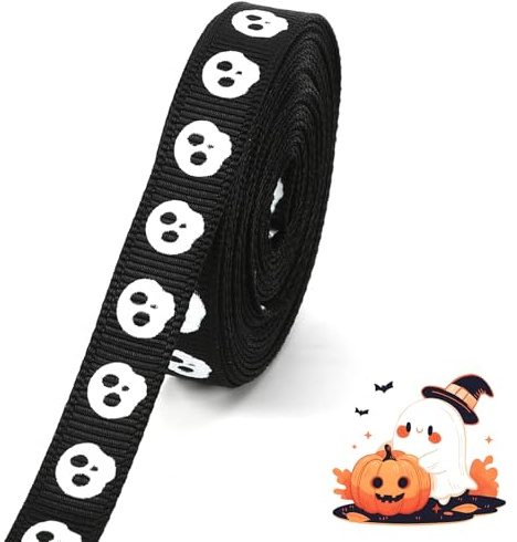 10mm 5 Yards Ghost Ribbon Black Ribbon for Balloons Black Ribbons Thin Halloween Ribbons for Crafts Hair Thin Polyester for Gift Wrapping, Halloween Cake Decorations, Party, Wreaths