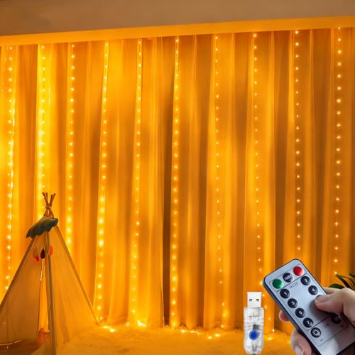 Luces de Cortina, 3 x 2.7 m, 300 Luces LED con 8 Modos de Control Remoto, Temporizador Ajustable, Brillo Ajustable, Cortina de Luz para Dormitorio, Jardín, Fiesta, Boda, Navidad (Blanco Cálido)