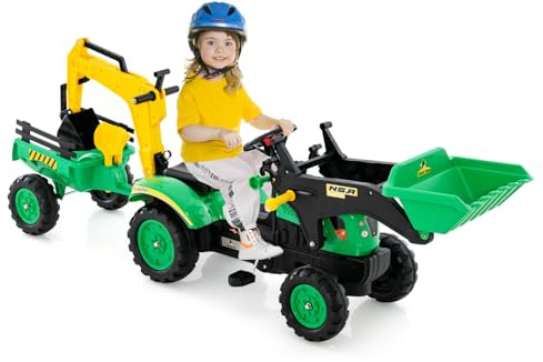GOPLUS 3 en 1 Tractor de Pedales Infantil, Excavadora de Conducción con 6 Ruedas y Pala Excavadora Ajustable y Remolque Desmontable, Tractor Infantil con Bocina, 3-6 años, hasta 35 kg (Verde)