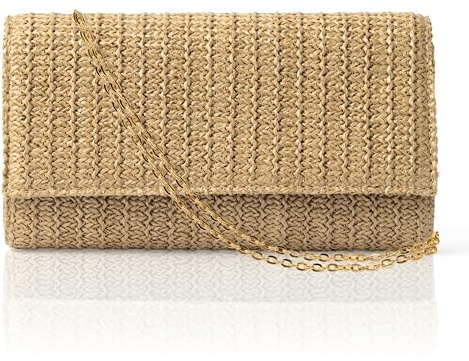 Wood Homing Straw Clutch Handbag for Women - Boho Straw Crossbody Evening Bag for Girl Wedding Bridal Prom with Detachable Chain Summer Woven Beach Shoulder Purse for Holiday Travel Party Daily Use