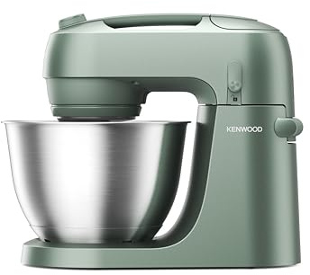 Kenwood Go – Kompakte Küchenmaschine zum Backen, platzsparendes Design mit 4L Schüssel, 3 höhenverstellbare Metall-Rührwerkzeuge, drehbarer Spritzschutz, 6 Stufen, Tragegriff, 800W, Grün (KZM35000GR)