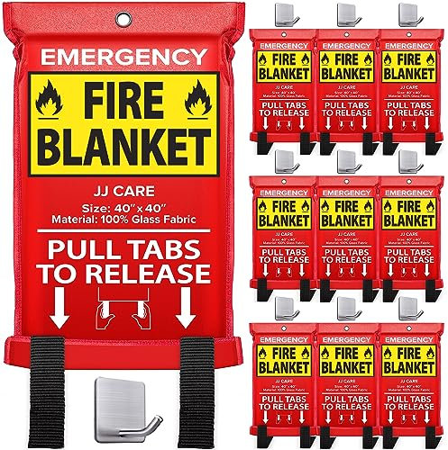 JJ CARE Lot de 10 couvertures anti-feu avec crochets - Couverture anti-feu d'urgence pour la maison et la cuisine - Résistantes à la chaleur - Pour la sécurité de la maison, de la cuisine et du