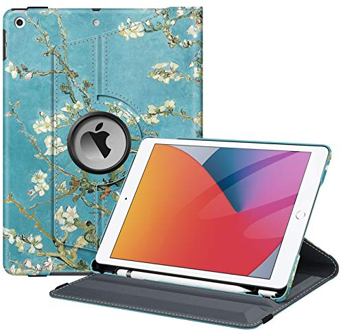 Fintie Hülle für iPad 10.2 Zoll 9. Generation/ 8 Generation/ 7 Generation | Schutzhülle mit Stifthalter, 360 Grad drehbarem Ständer, Auto Schlaf/Wach Funktion, Mandelblüten