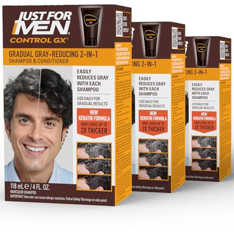 Just for Men Control GX Grey Reducing 2-in-1 Shampoo and Conditioner, Gradual Hair Color with Keratin for Stronger Thicker and Healthier Looking Hair, 4 Fl Oz - Pack of 3 (Packaging May Vary)