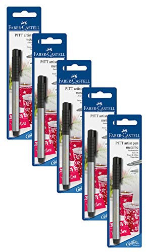 Faber-Castell Pitt 167398 Tintenschreiber, Stärke 1,5 mm, Blisterkarte (5 x Silber)