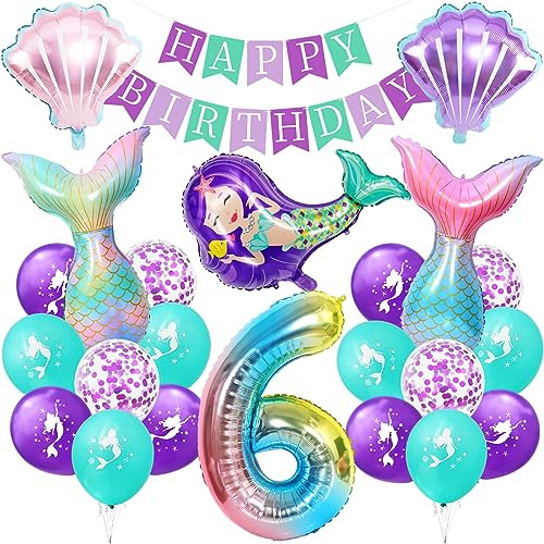 Meerjungfrau Geburtstag Deko 6 Jahre, Kindergeburtstag Luftballon Mädchen, Party Set mit Folienballon, Happy Birthday Banner