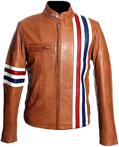 EU Fashions Herren Easy Rider Peter Fonda Slim Fit Biker Motorrad Streifen Echtleder Amerikanische Flagge Jacke Gr. XXXL, Braune Lederjacke