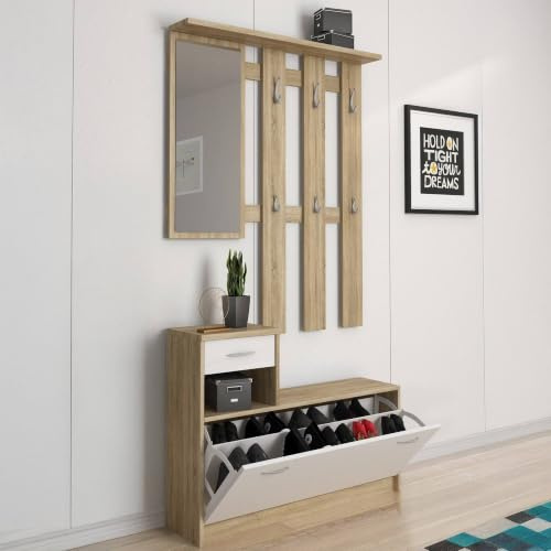 Dmora Eingangsmöbel mit Spiegel, Eingang für Flur mit Schuhregal, Taschenleerer für kleine Wohnungen, 100x25h180 cm, Farbe Weiß und Eiche