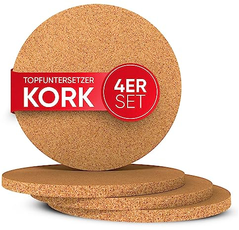 wortek Topfuntersetzer Kork Untersetzer Topf – 4er Set Korkuntersetzer rund, 19cm Durchmesser - Raclette Untersetzer Topfuntersetzer hitzebeständig Untersetzer Topf Kork