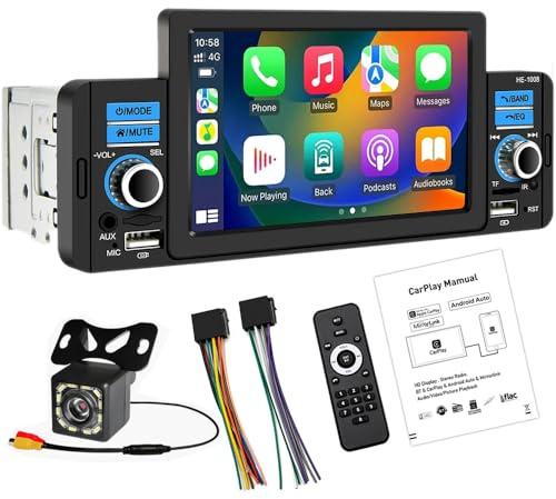 1 Din 5 Touch Screen Bluetooth Car Stereo Ricevitore multimediale CarPlayer Android Auto Autoradio con supporto Chiamate in vivavoce FM SWC USB AUX Mirror Link + 12 LED Fotocamera di backup