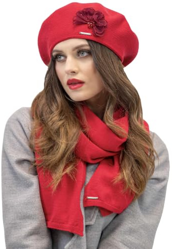VIVISENCE Baskenmütze Winter Damen Mit Klassischem Schnitt Elegante Mütze Mit Wärmendem Garn Mit Wollzusatz Wintermütze Für Frauen Blumenapplikation Perfekte Anpassung Modell 7036