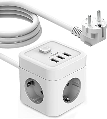 JSVER Steckdosenleiste 3M Würfel Mehrfachsteckdose 3 Fach mit USB,Schreibtisch mit 3 USB Ladegerät (15.5W) Steckdosen(3680W) mit Schalter für Büro, zu Hause oder auf Reisen-Weiß
