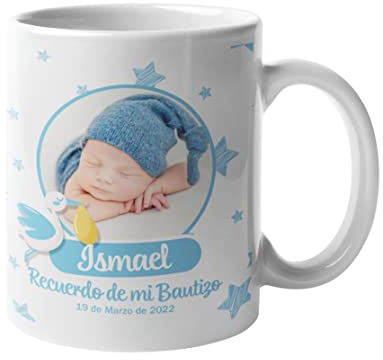 Taza Personalizada Bautizo con Foto Nombre y Fecha Niña Niño Rosa Azul de cerámica regalos originales regalo personalizado (Azul)