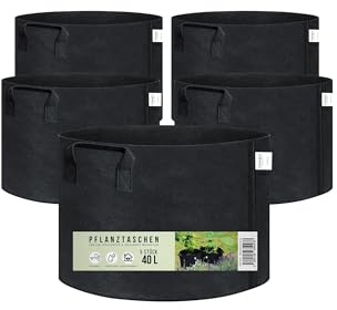 CINNEA 5 x 40 L Pflanztasche aus Filzstoff für kräftiges Wachstum, Tasche für Balkon & Kübelpflanzen Pflanzsack Stoffpflanzsack, schwarz