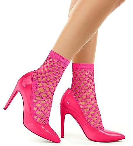 Benefeet Sox kvinnors fisknät ankelstrumpor roliga galen nyhet ihåligt nät atletisk bomull finstrumpor, Het ros rosa, One Size