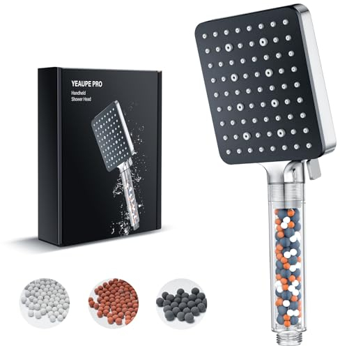 Shower Head with Filter,YEAUPE PRO Square Pure Shower,Bathroom showerhead, Shower Heads High Pressure 6 Jet Modes,Universal Powerful Flow Rain Hard Water Softener Handheld Shower Head