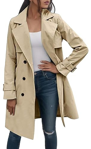 KBOPLEMQ - Gabardina para mujer, abrigo clásico largo de entretiempo, doble botonadura, cuello de solapa, resistente al viento, cazadora para exterior, para otoño y primavera, elegante