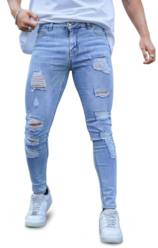 GINGTTO Pantaloni di Jeans da Uomo Skinny Gamba Strappati Elasticizzati Denim Slim Fit Aderenti Denim Casual Azzurro 34