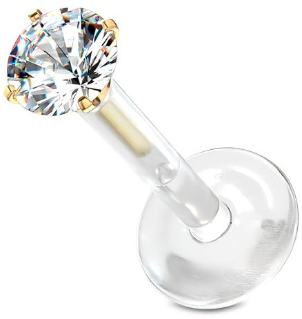 Stachelkleid Labret Chirurgenstahl 316l Bioflex Piercing Zirkonia Push In Allergie Flexibel Biegbar Rund Base Flach Bites Ohrstecker Helix Tragus Kunststoff Plastik 1,2mm Gold/Kristall, 8 mm, 2 mm