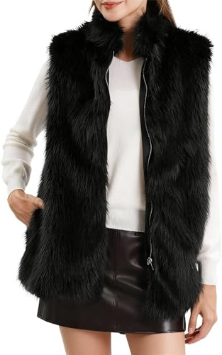 Amazhiyu Women's Faux Fur Zip Up Vest Stand Collar Sleeveless Jacket with Pocket Black, Small