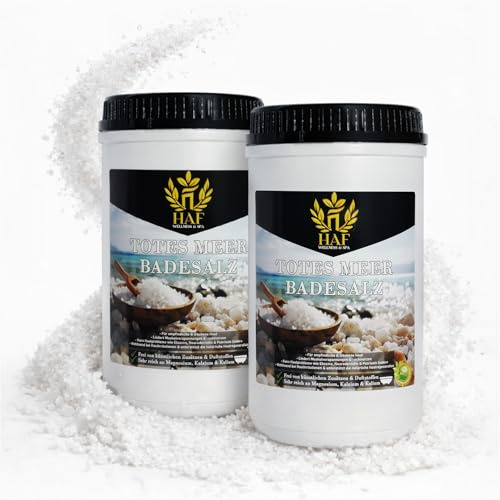 HAF® Premium döda havet badsalt för känslig och torr hud | Havssalt 100 % naturligt rent från Jordanien för stressminskning | Mineralsalt för god sömn och för kroppsvård | 2 kg i burkar