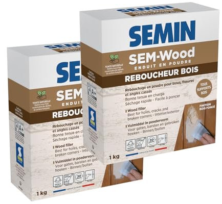 Semin - Reboucheur Bois - Sem Wood - Traitement des Trous et Fissures - Intérieur/extérieur - Finition Bois Foncé - Poudre - Boite de 1 kg (Lot de 2)