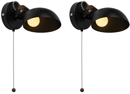Aisilan 2 Pack Wall Lights with Pull Cord Rotatable Black Vintage Wall Ligh with E14 Base, Metal and Wood Retro Surface Mount Wall Sconcet Indoor for Bedroom Bedside Living Room (No Bulb)