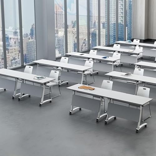 Weißer Konferenztisch mit Klappdeckel, höhenverstellbar und Kabelmanagement, moderner Bürotisch für Schulungen und Seminare