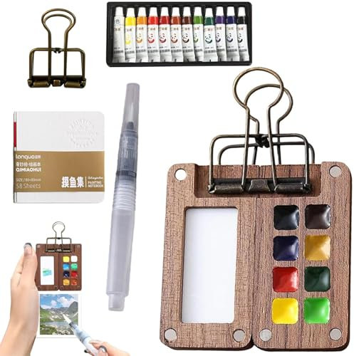 Pocket Artist Wooden Watercolour Travel Set With 8 Grids, Portable Mini Watercolour Paint Set, Watercolor Pen, Mini Sketchbook Gift For Painters And Artists