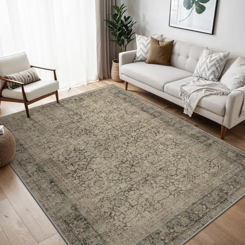 BEIMO Vintage Waschbarer Teppich Wohnzimmer, 120x170cm Hellbraun | Boho Orientalisch, Großer Weicher Kurzflor Carpet mit Rutschfester für Küche und Bettvorleger Schlafzimmer