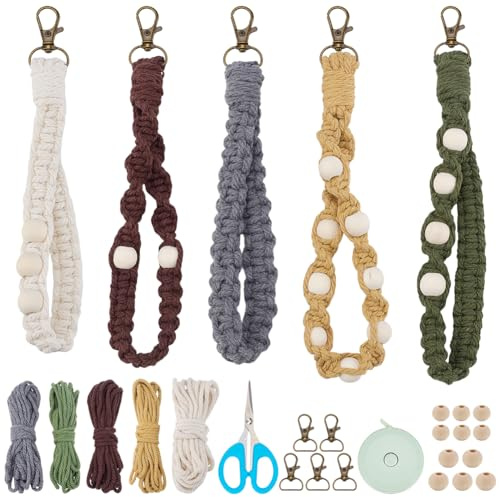 INFUNLY 5 IN 1 DIY Makramee Schlüsselanhänger Set Für Anfänger Boho Armband Schlüsselband Set Mit Holzperlen Armband Schlüsselbund Sets Mit Anleitung Makramee Baumwollkordel Knotenset Für Geldbörse