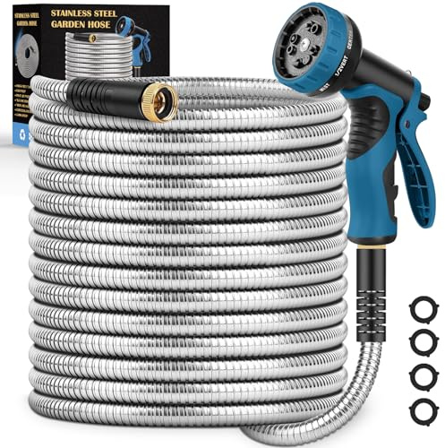 Garden Hose 100FT, Water Hose with 10 Function Nozzle, Garden Hose Metal with Leak-proof Connectors, Kink-Free & Ultra Flexible, Rust/Pet/Puncture Proof for Lawn, Yard, RV, Car Wash, 550PSI