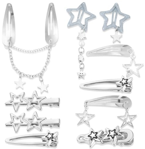 Nogeqi 10 Stück Stern Haarspangen Silber, y2k Sterne Haarspangen, Funkelnde Star Hairclips, Retro Star Hair Clips y2k, Rutschfeste Haarspange Mit Sternchen Punk Stil Für Damen Partys Konzerte Alltag
